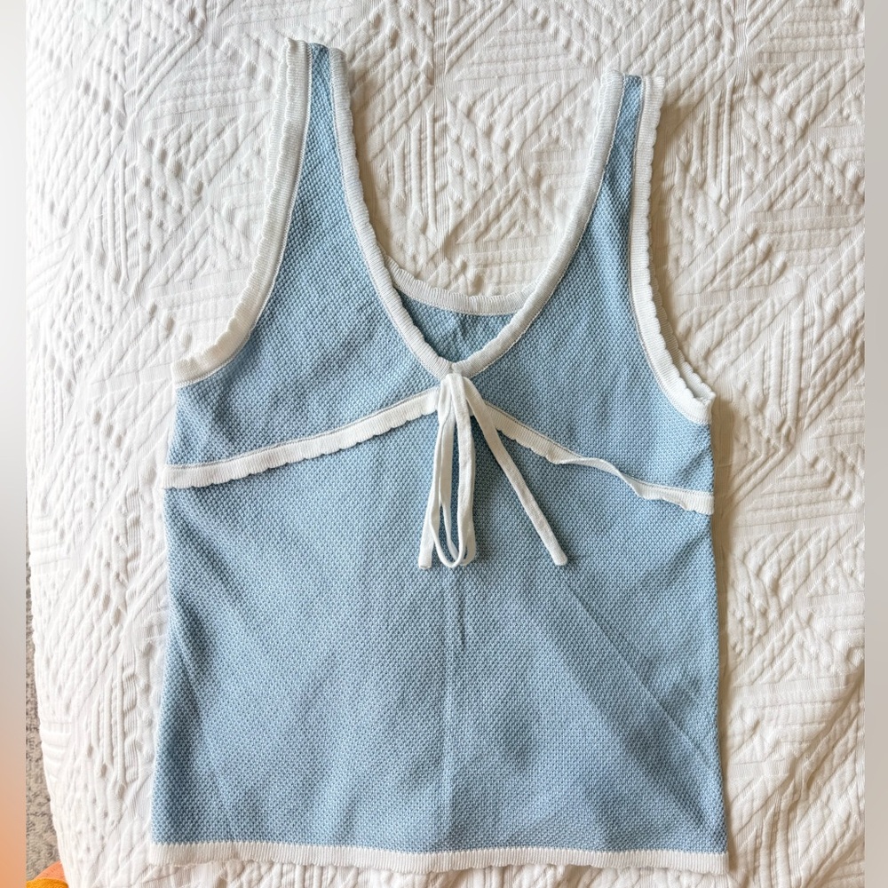 Blue Knit Tie-Front Tank Top